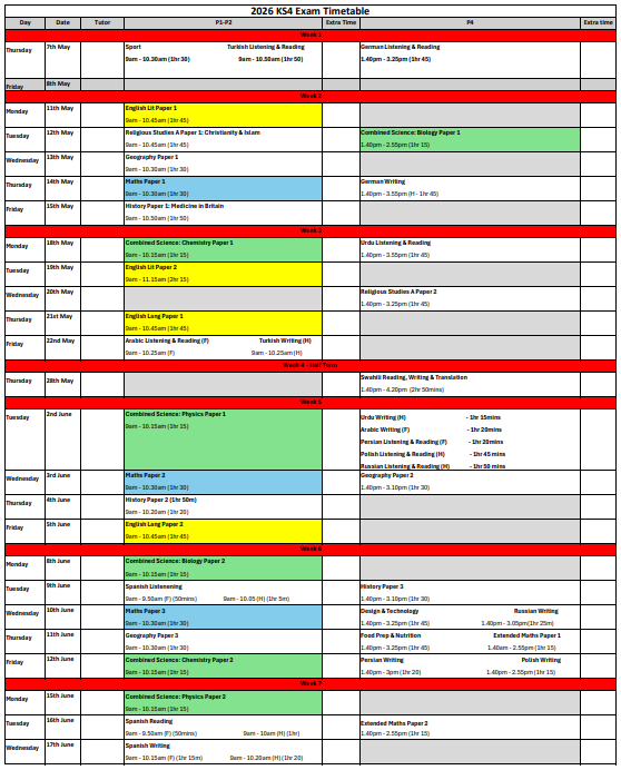 Summer 2026 Exam Timetable